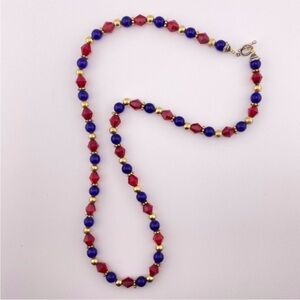 ($4) Red Blue Gold Tone Beaded Necklace